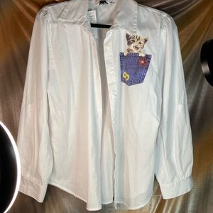 Vintage 80’s Cat button down shirt Tap & Co. White shirt roll up sleeve 40” bust